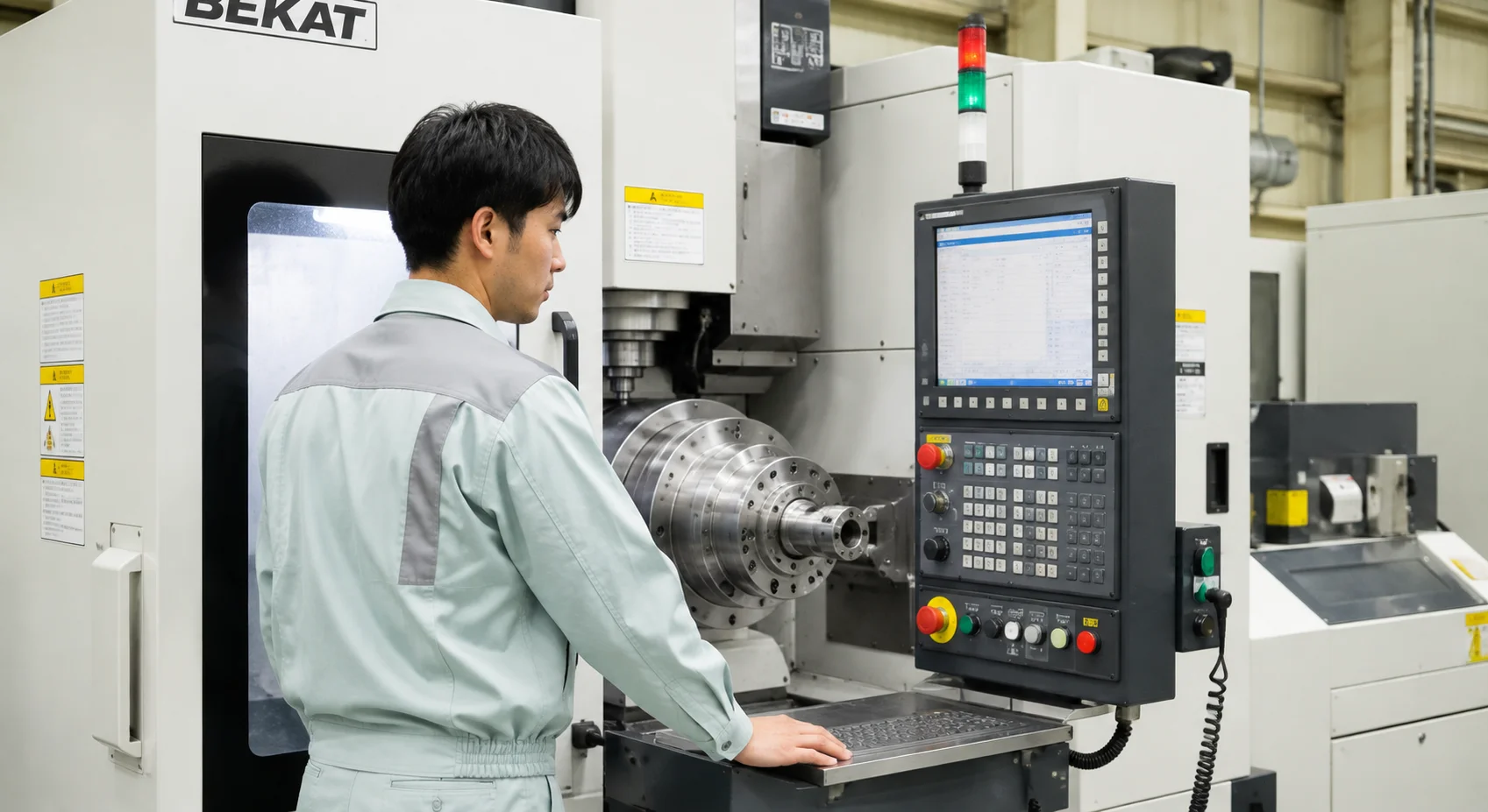 工作機械を操作して金属部品を加工する作業者の手元